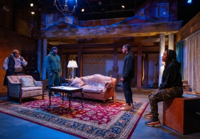(L to R) Ayanna Bria Bakari, Jamaque Thomas, Jabari Khaliq and Tiffany Renee Johnson in MUD ROW, from Remy Bumppo Theatre Company, written by Dominique Morisseau and directed by Malkia Stampley, now playing through November 15, in Theater One at Theater Wit, 1229 W. Belmont Ave