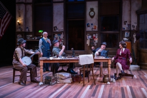 (from left) Kelan Smith, Mark David Kaplan, Joe Dempsey, Guy Van Swearingen and Kate Fry in The Front Page at Northlight Theatre.