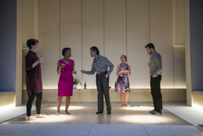 Kate Fry (from left), Celeste M. Cooper, Owais Ahmed, Emjoy Gavino and Jurgen Hooper in the Court Theatre production of Tom Stoppard's “The Hard Problem.