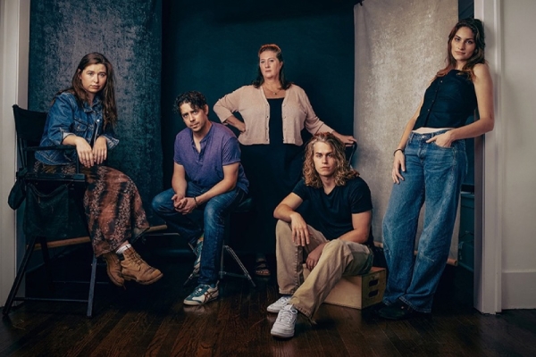 The cast of A Red Orchid Theatre's Chicago premiere of Heroes of the Fourth Turning includes (left to right) Magdalena Dalzell, Nate Santana, Ensemble Member Kirsten Fitzgerald, Beck Nolan and Isa Grofsorean.