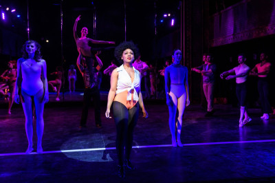 (L to R) Erica Evans as Shelia Bryant, Aalon Daeja Smith as Maggie Winslow and Liz Conway as Bebe Benzenheimer in A CHORUS LINE from Porchlight Music Theatre