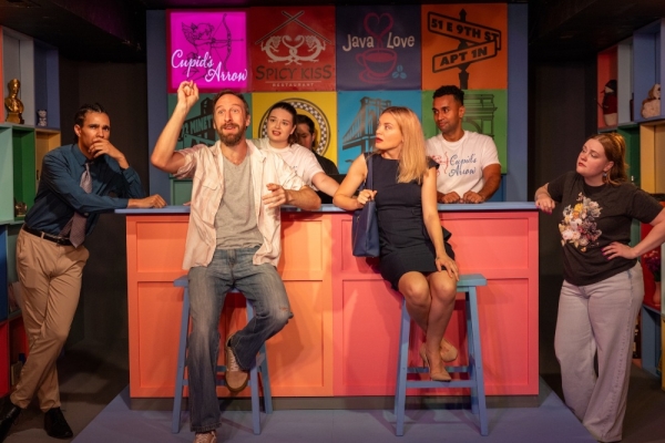 (L to R) Aiden McCoy, Maxwell J DeTogne, Daria Koon, Kristin Brintnall, Tommy Rothwells and Hannah Kipp in I LOVE YOU BECAUSE from Oil Lamp Theater, now playing through September 13.